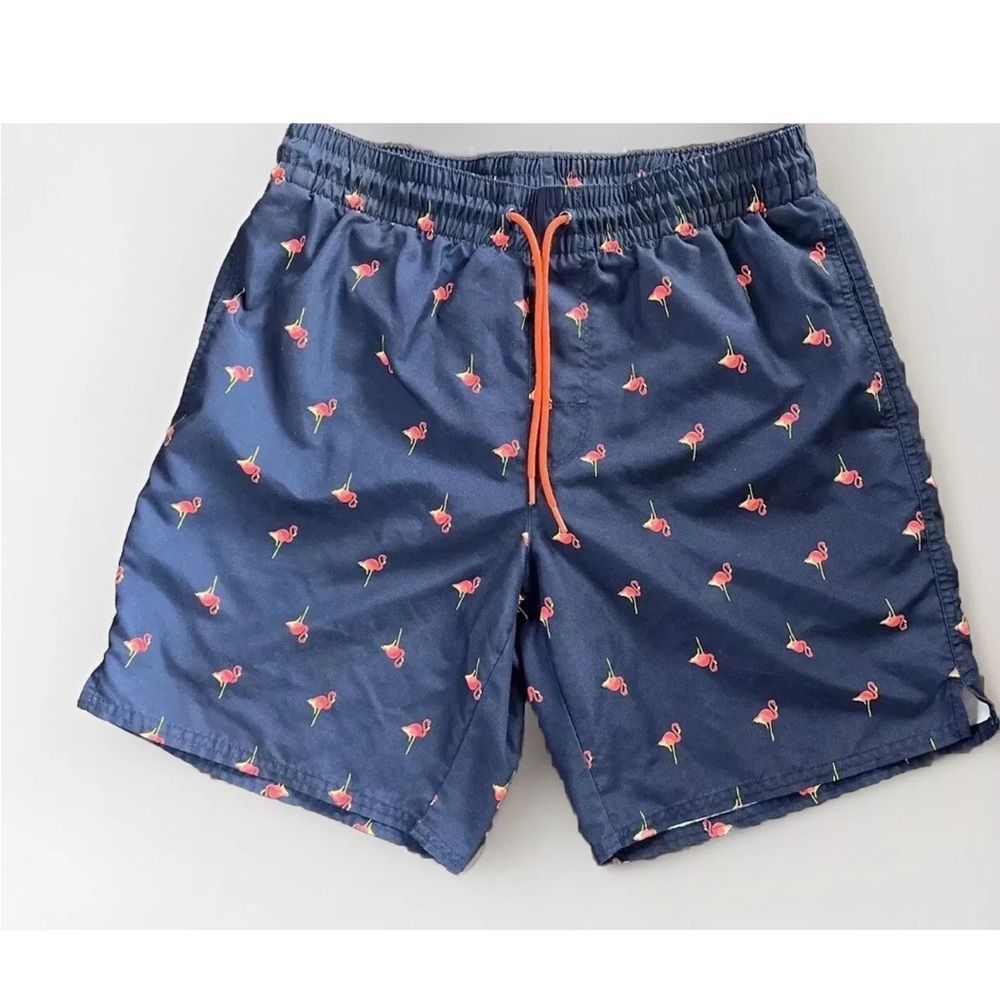 Old Navy Swim Shorts Men's Size Medium Blue Mesh Lined All Over Flamingo Print